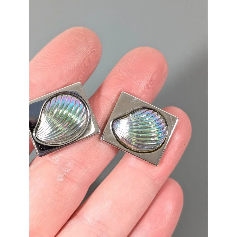 Vintage Hickok USA Iridescent Lucite Shell Square Cufflinks‎ SIlver Tone